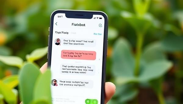 An engaging visual representation of the Botanic Consult chatbot interface on a smartphone screen, showcasing a virtual conversation between a farmer and the chatbot, exchanging crop advice and recommendations, illustrating the convenience and accessibility of AI-powered agricultural consultation services.