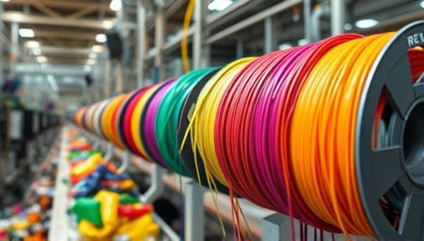 An image featuring a production line converting plastic waste into vibrant spools of recycled filament, symbolizing the transformation of waste materials into valuable resources for sustainable manufacturing.