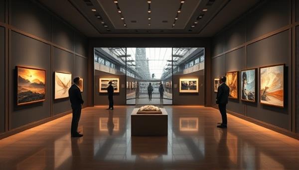 An elegant virtual art gallery space with digital art installations, gallery walls showcasing diverse artworks, and visitors exploring the exhibitions, creating a sophisticated and immersive art experience in a digital realm.