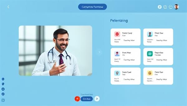 An interactive platform interface showing a doctor and a patient communicating via video call, with medical charts and appointment scheduling options integrated, highlighting the convenience and efficiency of the telehealth communication platform.