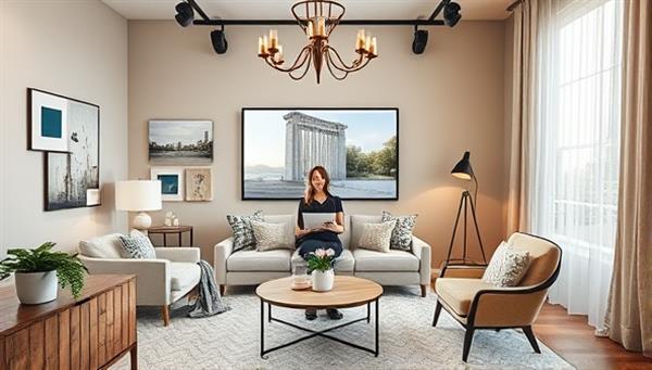 An elegant virtual design studio setup featuring a professional interior designer conducting a virtual consultation with a client, surrounded by mood boards, fabric swatches, and design samples, illustrating the convenience and expertise of the platform.