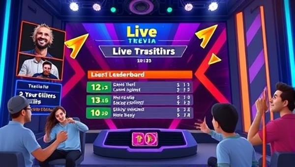An animated digital interface showcasing a live trivia game with colorful questions, a leaderboard, and enthusiastic participants interacting virtually, creating a dynamic and engaging atmosphere.