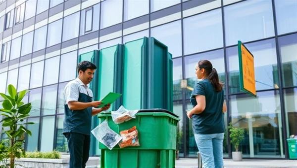 An eco-friendly property management team conducting a waste audit on a commercial building, implementing recycling programs and energy-saving initiatives, showcasing the dedication and expertise of GreenGuard Property Services in creating sustainable and environmentally friendly properties.