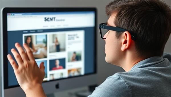 A visually impaired individual using a screen reader to navigate a website displayed on a computer screen, with alt text descriptions visible, emphasizing the importance of website accessibility for all users.