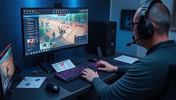 An intense gaming setup with a professional coach guiding a player through strategic gameplay on a large monitor, surrounded by gaming peripherals and reference materials, illustrating the focused and supportive coaching environment.