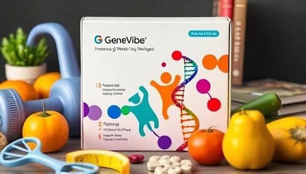 An intriguing image of a DNA testing kit box featuring vibrant colors and genetic symbols, surrounded by healthy fruits, exercise equipment, and wellness books, symbolizing the intersection of genetics, wellness, and informed health choices offered by GeneVibe Wellness.