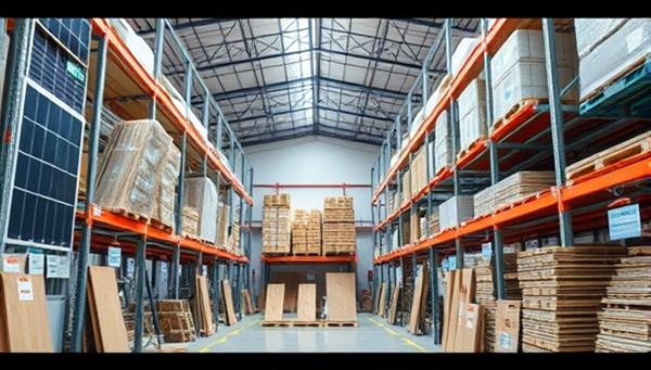 A futuristic warehouse stocked with innovative construction materials like solar panels, smart glass, and eco-friendly insulation, with a digital interface displaying real-time inventory updates and pricing.