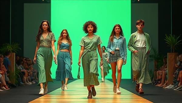 A digital fashion runway featuring sustainable fashion designs and eco-friendly clothing items, styled with natural elements and green accents, symbolizing environmental consciousness and sustainable fashion choices.