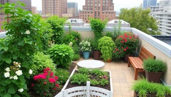 An inviting rooftop garden oasis with lush greenery, colorful flowers, and a small seating area, showcasing the beauty and serenity that CityHarvest Gardens can create in urban spaces.