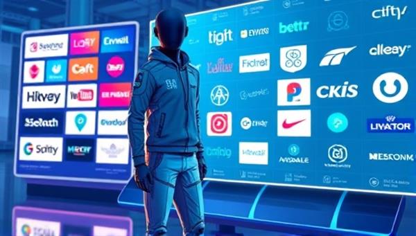 An artistic digital illustration of a futuristic virtual influencer standing next to a digital screen displaying various brand logos, symbolizing the connection between virtual influencers and businesses in a tech-savvy environment.