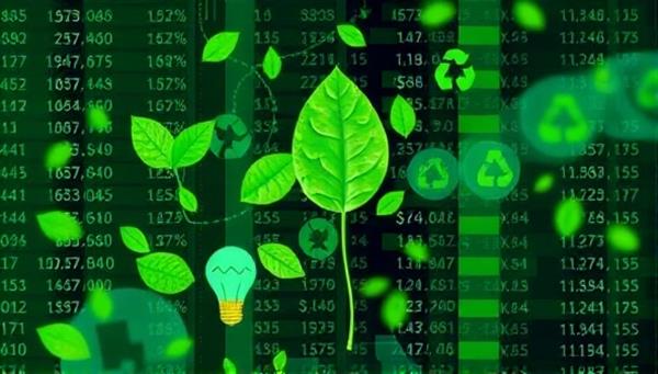 An image depicting a blend of financial data and green sustainability icons, such as leaves, lightbulbs, and recycling symbols, symbolizing the integration of environmental impact metrics into financial reporting and decision-making processes.