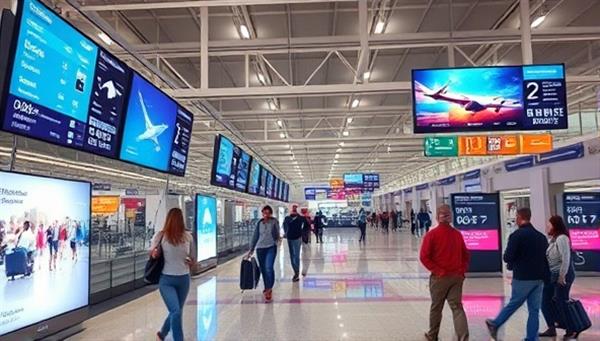 A bustling airport terminal featuring dynamic digital displays that change content based on flight schedules, weather updates, and passenger demographics, illustrating the seamless integration of real-time data into digital signage for enhanced customer engagement.
