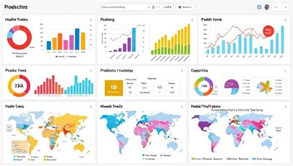 A data visualization dashboard displaying health metrics, epidemiological trends, and predictive analytics insights, with colorful charts, graphs, and interactive maps, demonstrating the power of health data analysis in shaping informed healthcare strategies and policies.