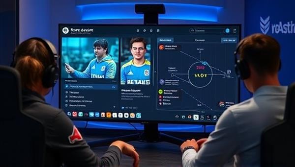 An online coaching session screen featuring a coach providing tips and feedback to a gamer in real-time, with gaming setups in the background and strategic overlays on the screen, highlighting the educational and interactive nature of eSports coaching at ProStrats Academy.