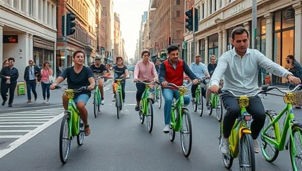 A visually appealing depiction of a busy urban street with people effortlessly unlocking and riding bright-colored rental bicycles, showcasing convenience, mobility, and eco-conscious transportation choices.