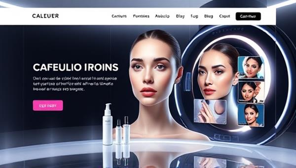 A sleek and modern website interface showing a virtual beauty consultation in progress, with images of skincare products and makeup recommendations displayed on a digital screen, creating a futuristic and interactive beauty experience.