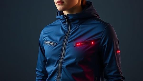 A model wearing a stylish smart fabric jacket that changes color based on body temperature, with subtle LED lights embedded, showcasing the futuristic and functional aspects of smart fabric wearables.