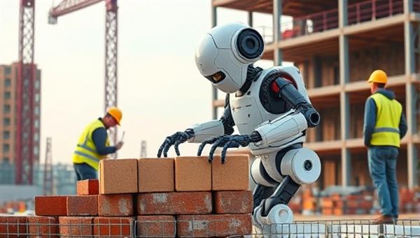 An autonomous construction robot laying bricks on a building site, surrounded by human workers collaborating with the robot, illustrating the symbiotic relationship between technology and human labor in construction projects.