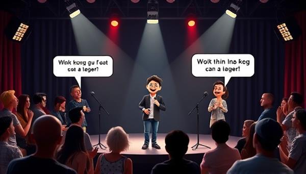 A digital comedy club stage with a microphone, spotlight, and animated avatars of comedians delivering jokes and punchlines to a virtual audience of laughing spectators, creating a lively and engaging atmosphere that captures the essence of online comedy entertainment.