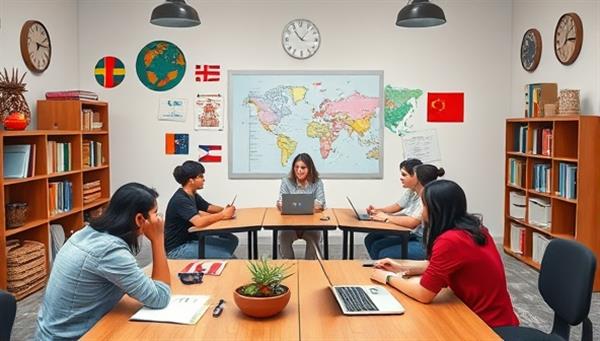 A virtual language classroom with diverse students engaging in an interactive language lesson, surrounded by digital language resources, cultural artifacts, and language learning tools, symbolizing the richness of language diversity and online learning opportunities in language training.