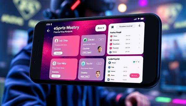 A mobile screen displaying the eSports Mastery app interface with personalized training modules, live performance feedback, and competitive leaderboards, surrounded by esports gear and a focused gamer honing their skills, illustrating a dynamic and competitive gaming environment.