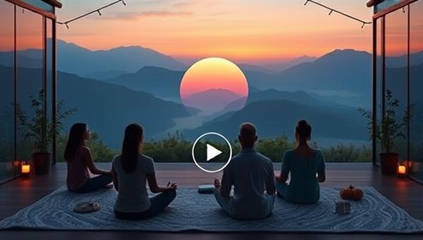 An online platform showcasing a virtual mental health retreat session, with participants engaged in a guided meditation surrounded by calming visuals and soothing music, creating a serene and immersive atmosphere for mental wellness.