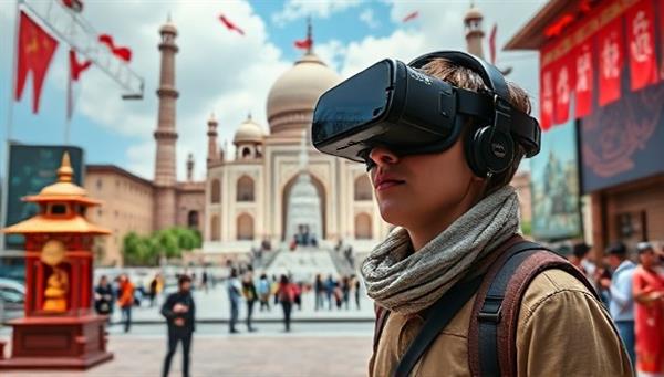 An immersive visual of a virtual reality traveler wearing a headset, exploring a digital recreation of a famous landmark, surrounded by interactive elements, cultural artifacts, and local guides, capturing the essence of virtual travel and exploration.