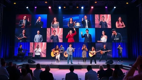 An online stage with a diverse group of performers showcasing their talents through live-streamed performances, with virtual audience interaction and engagement, creating a vibrant and dynamic entertainment experience.