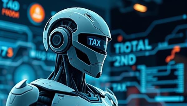 A futuristic and sleek robot with a digital tax form interface, processing data at lightning speed, symbolizing efficiency and cutting-edge technology in tax accounting.