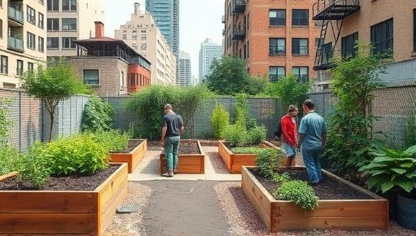 An urban garden oasis within a cityscape, featuring raised garden beds, lush greenery, and members tending to plants together, illustrating the beauty of community gardening and sustainable urban living.