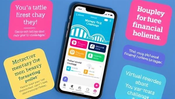 A smartphone screen displaying the MoneyFit Challenge app interface featuring colorful progress trackers, achievement badges, and interactive financial challenges, surrounded by motivational quotes and virtual rewards, creating a dynamic and engaging financial fitness environment for users.
