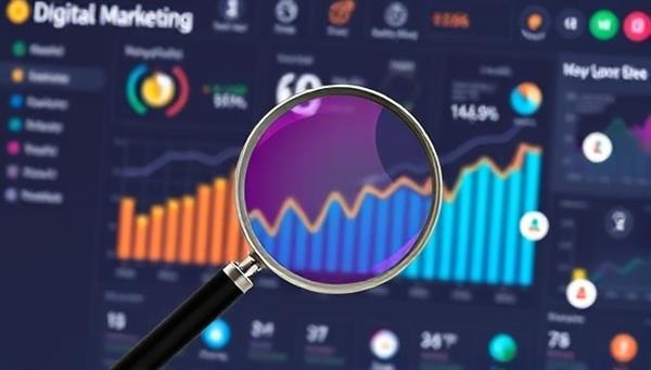 A digital marketing dashboard displaying key performance metrics and insights, overlaid with a magnifying glass symbolizing the platform