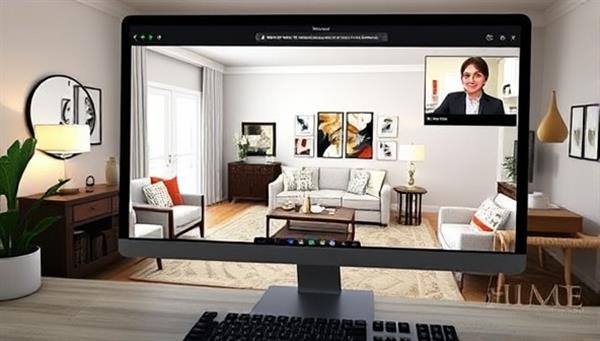 An inviting virtual living room design displayed on a computer screen, with a virtual interior designer discussing color schemes and furniture placement with a client over a video call, highlighting the convenience and creativity of HomeHarmony