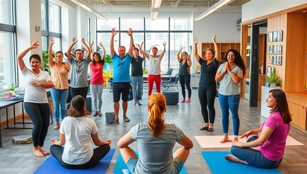 A vibrant and energizing workplace setting with employees participating in wellness activities such as yoga, meditation, and team-building exercises, illustrating the positive and supportive work environment fostered by WellCorp Solutions