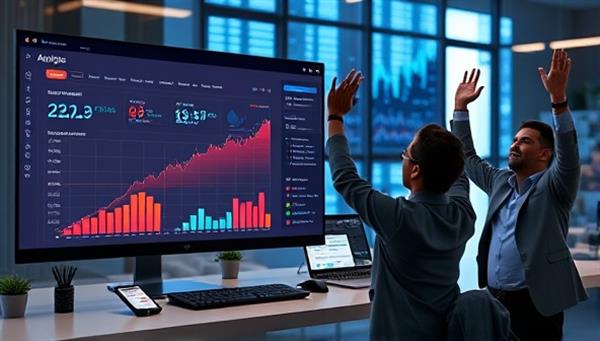 A visual representation of AIalytics in action, displaying a dynamic dashboard with real-time campaign data, AI algorithms optimizing marketing strategies, and business owners celebrating increased ROI, symbolizing the tool