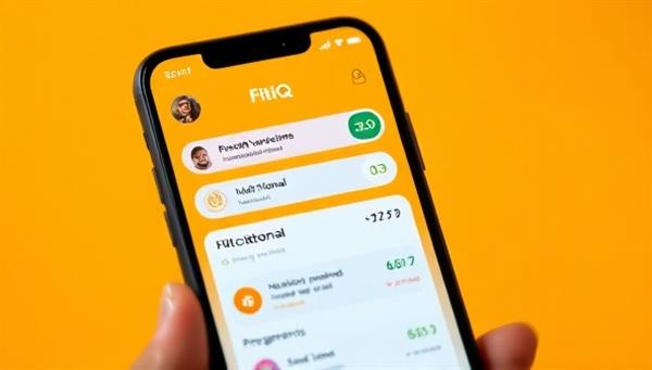 A smartphone displaying the FitIQ app interface, showcasing personalized workout routines, nutritional recommendations, and progress tracking features, with a virtual AI coach avatar providing guidance and motivation.
