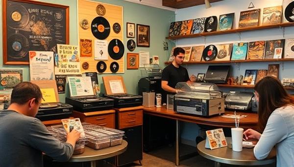 A cozy cafe setting with vintage decor, a collection of vinyl records and listening stations, a barista crafting specialty coffee drinks, patrons enjoying music and coffee in a retro-inspired ambiance, a nostalgic atmosphere of musical discovery and caffeinated relaxation.
