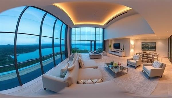 An immersive virtual tour video showcasing a luxurious property from different angles, featuring modern interior design, scenic views, and interactive elements, creating a captivating visual experience for potential buyers.