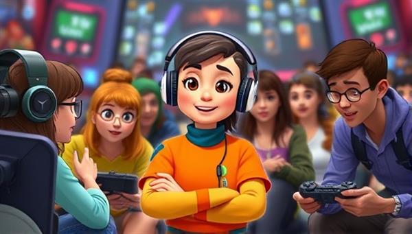 An animated character representing the virtual gaming assistant, interacting with a diverse group of gamers in a digital world filled with game elements and avatars, illustrating a sense of community and assistance.