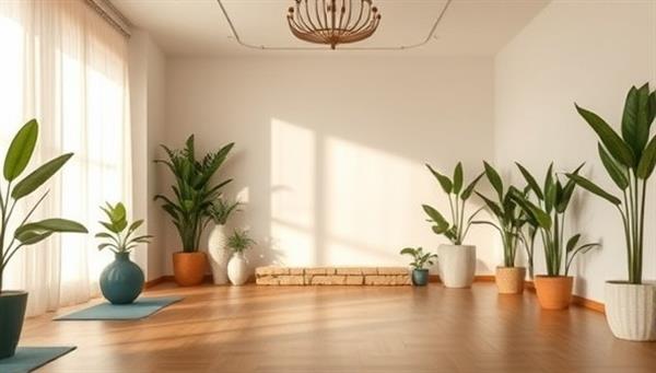 An aesthetically pleasing image of a serene yoga studio with soft lighting, lush plants, and calming decor, evoking the sense of tranquility and balance promoted by WellU Academy for holistic wellness education.
