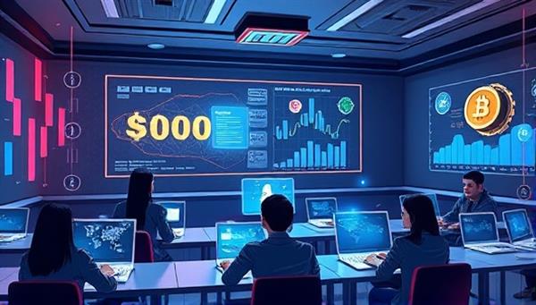 An engaging digital illustration featuring a virtual classroom setting with futuristic elements, where students are interacting with holographic charts and digital currencies, symbolizing a cutting-edge and immersive learning experience in the world of cryptocurrency.