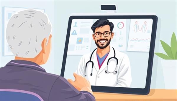An illustration of a patient having a virtual consultation with a doctor on a tablet or computer, with medical charts in the background and a reassuring smile from the healthcare provider, conveying professionalism and care in telemedicine services.