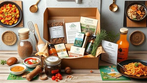 An enticing visual of a culinary experience box filled with gourmet ingredients, cooking utensils, recipe cards, and virtual cooking class vouchers, surrounded by images of diverse cuisines and cultural elements, evoking a sense of culinary exploration and discovery within a single box.