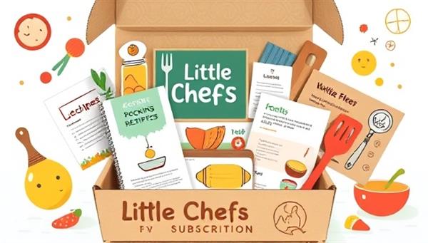 An imaginative and colorful subscription box design featuring a selection of kid-friendly recipes, cooking utensils, playful food illustrations, and interactive learning materials, creating an engaging and educational experience for young chefs subscribing to Little Chefs