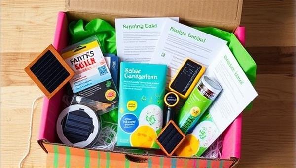A vibrant and colorful box filled with solar-powered gadgets, eco-friendly products, and informational leaflets, conveying a sense of excitement and sustainability.