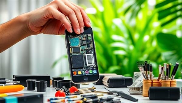 An image of a technician holding a disassembled smartphone, surrounded by various electronic components and tools, with a backdrop of a lush green environment, symbolizing the blend of technology and eco-friendliness in recycling practices.