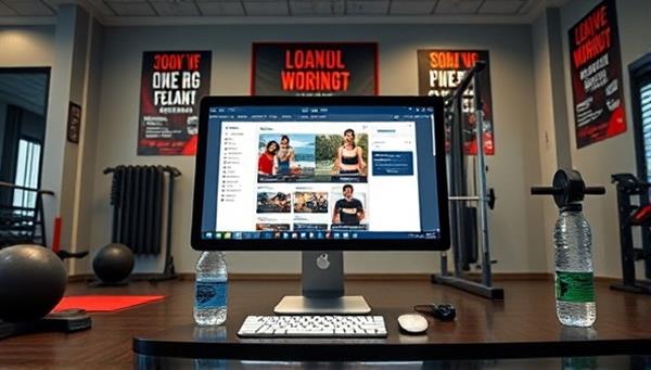 A dynamic virtual gym environment with a computer displaying a workout app interface, surrounded by fitness equipment, motivational posters, and a water bottle, creating an energetic and inspiring online coaching setting.