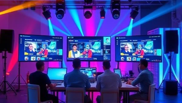 A dynamic virtual event setup with multiple screens displaying interactive event elements, a team coordinating behind the scenes, and a vibrant digital event backdrop, capturing the essence of virtual event planning and management services.