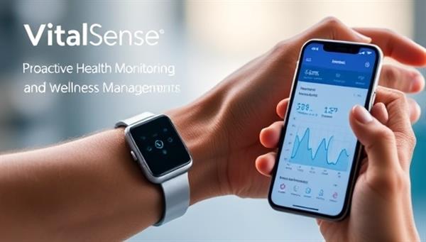 An engaging visual of VitalSense Wearables showcasing a user wearing the device on their wrist, with a mobile app displaying real-time health data graphs and personalized health recommendations, symbolizing proactive health monitoring and wellness management.