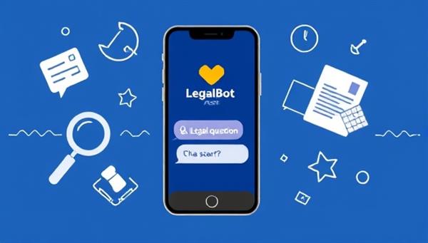 An illustration of a smartphone screen displaying a chat interface with LegalBot Assist logo, showcasing a user asking a legal question and receiving a helpful response from the chatbot, surrounded by legal icons like a magnifying glass and legal documents, representing instant legal assistance.